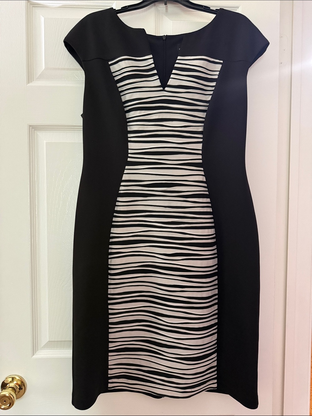 Elegant Black Midi Dress with White Striped Center